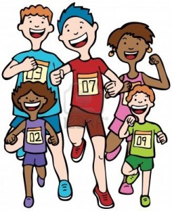 4963254 marathon kid race children running together in a race wearing numbered badges